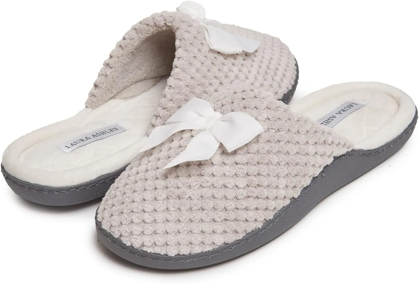 Laura Ashley Rugged Spa Slipper with Bow, Cozy Memory Foam Hard Bottom Slippers for Women, Soft Warm House Shoes