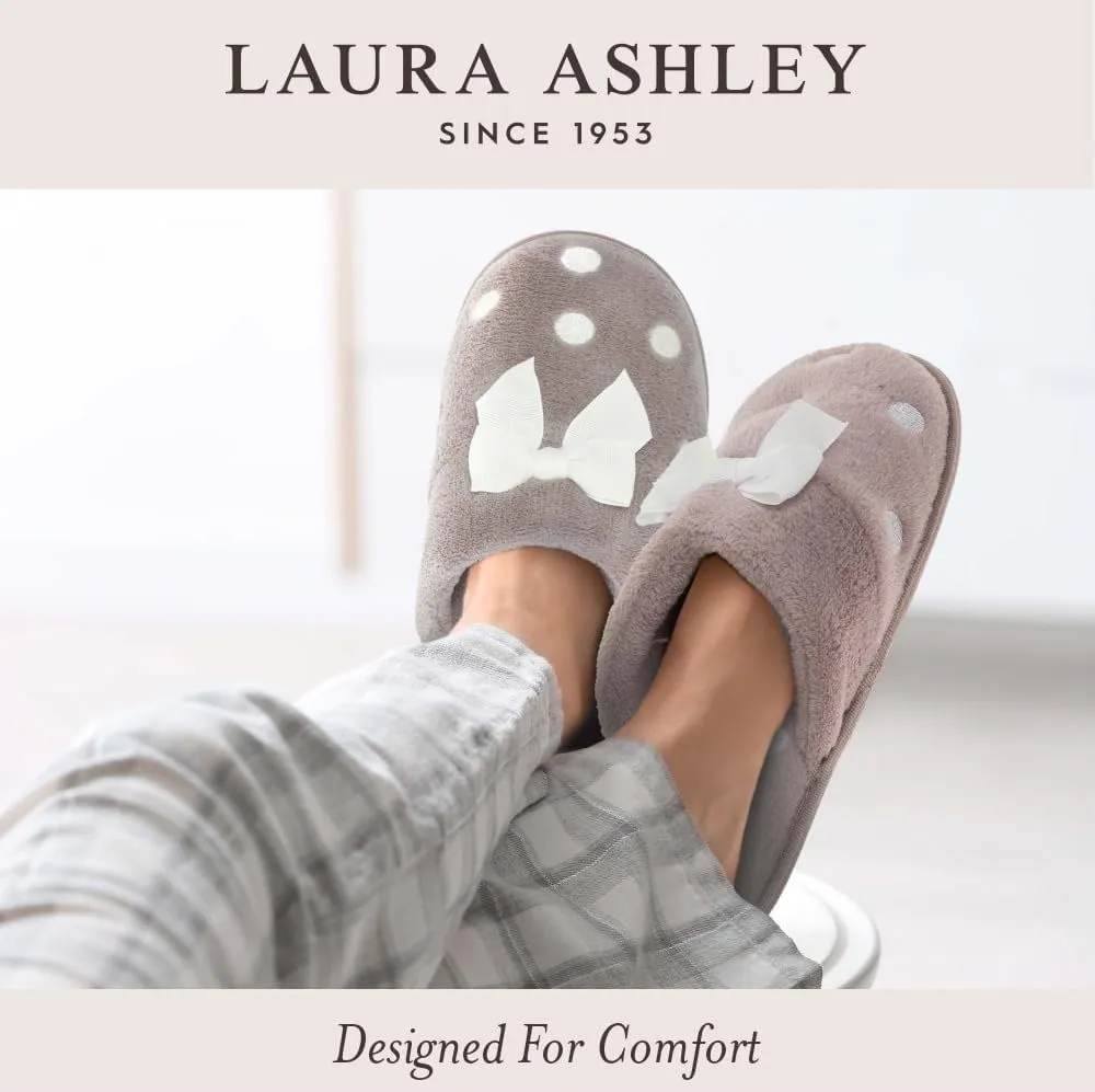 Laura Ashley Rugged Spa Slipper with Bow, Cozy Memory Foam Hard Bottom Slippers for Women, Soft Warm House Shoes