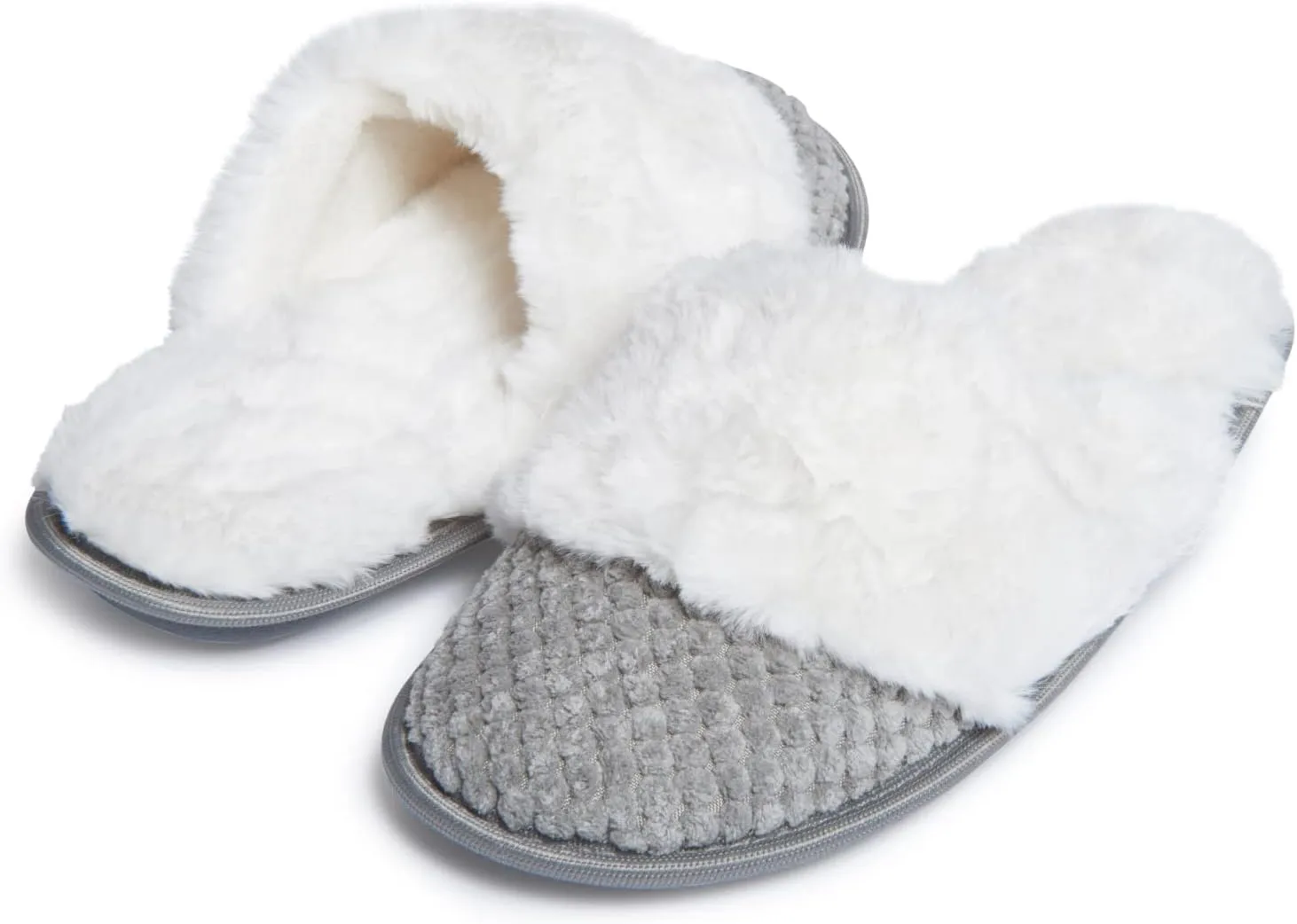 Laura Ashley Womens Plush Memory Foam Wide Collar Fleece Spa Scuff Slippers, Fuzzy Warm Faux Fur Slip On House Shoes Slipper