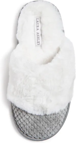 Laura Ashley Womens Plush Memory Foam Wide Collar Fleece Spa Scuff Slippers, Fuzzy Warm Faux Fur Slip On House Shoes Slipper