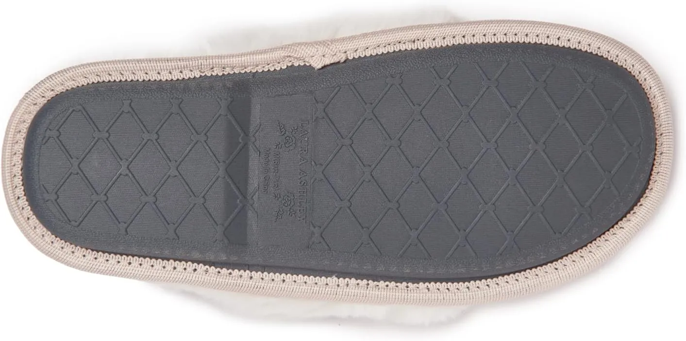 Laura Ashley Womens Plush Memory Foam Wide Collar Fleece Spa Scuff Slippers, Fuzzy Warm Faux Fur Slip On House Shoes Slipper