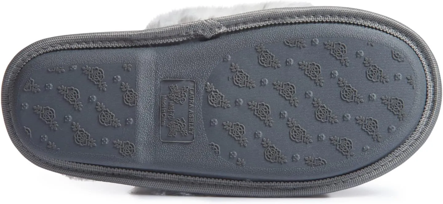 Laura Ashley Womens Plush Memory Foam Wide Collar Fleece Spa Scuff Slippers, Fuzzy Warm Faux Fur Slip On House Shoes Slipper