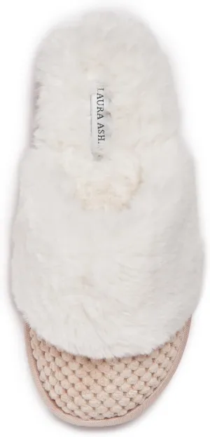 Laura Ashley Womens Plush Memory Foam Wide Collar Fleece Spa Scuff Slippers, Fuzzy Warm Faux Fur Slip On House Shoes Slipper