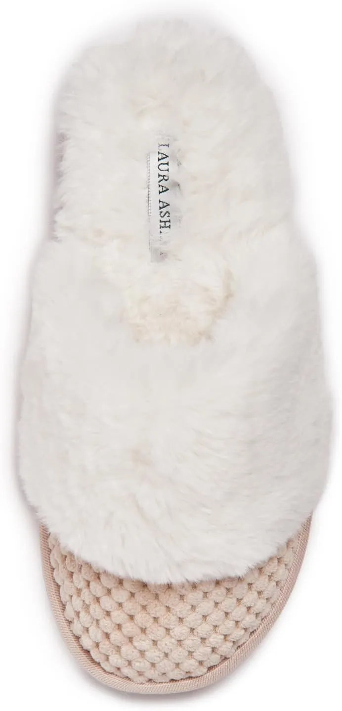 Laura Ashley Womens Plush Memory Foam Wide Collar Fleece Spa Scuff Slippers, Fuzzy Warm Faux Fur Slip On House Shoes Slipper