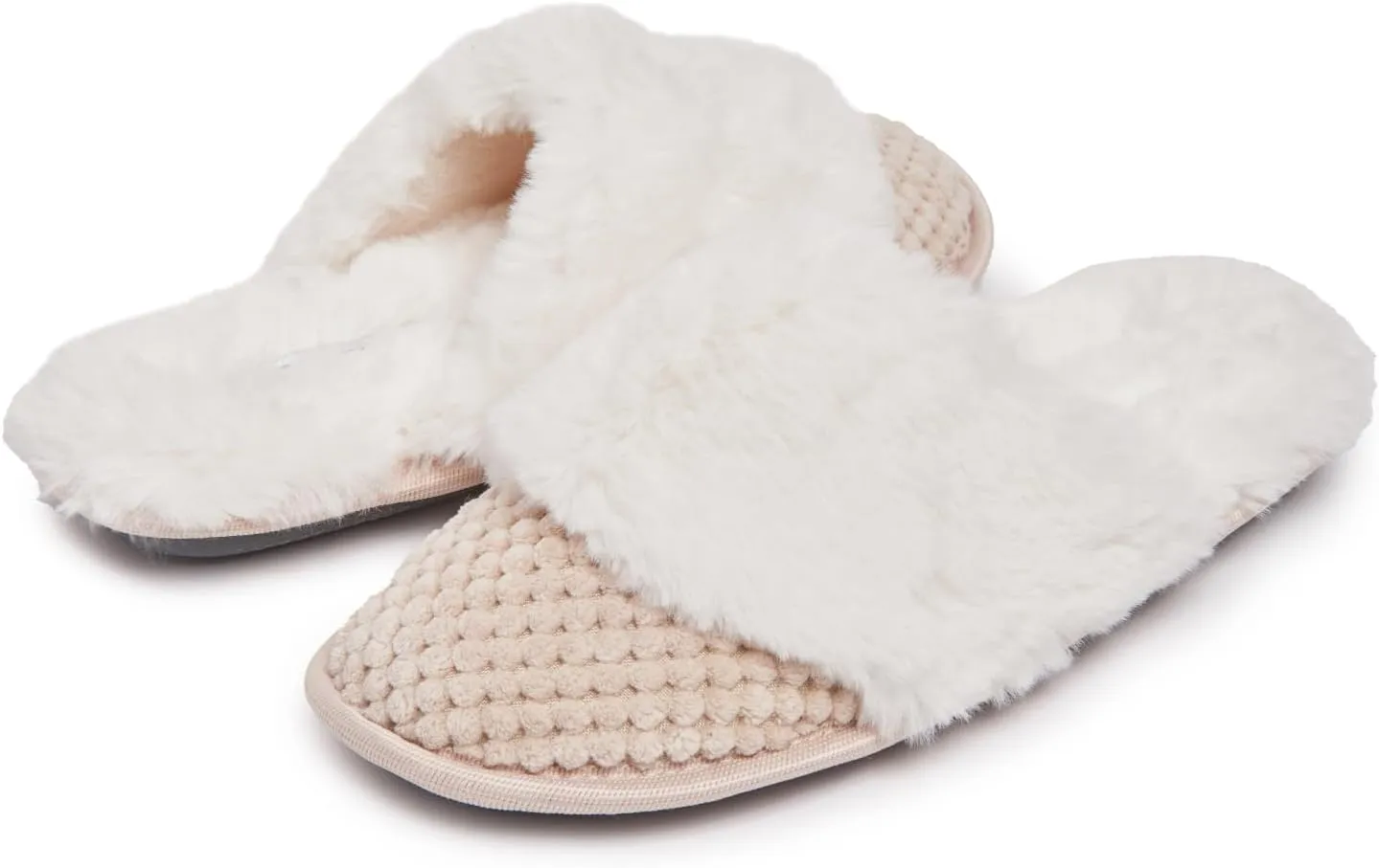Laura Ashley Womens Plush Memory Foam Wide Collar Fleece Spa Scuff Slippers, Fuzzy Warm Faux Fur Slip On House Shoes Slipper