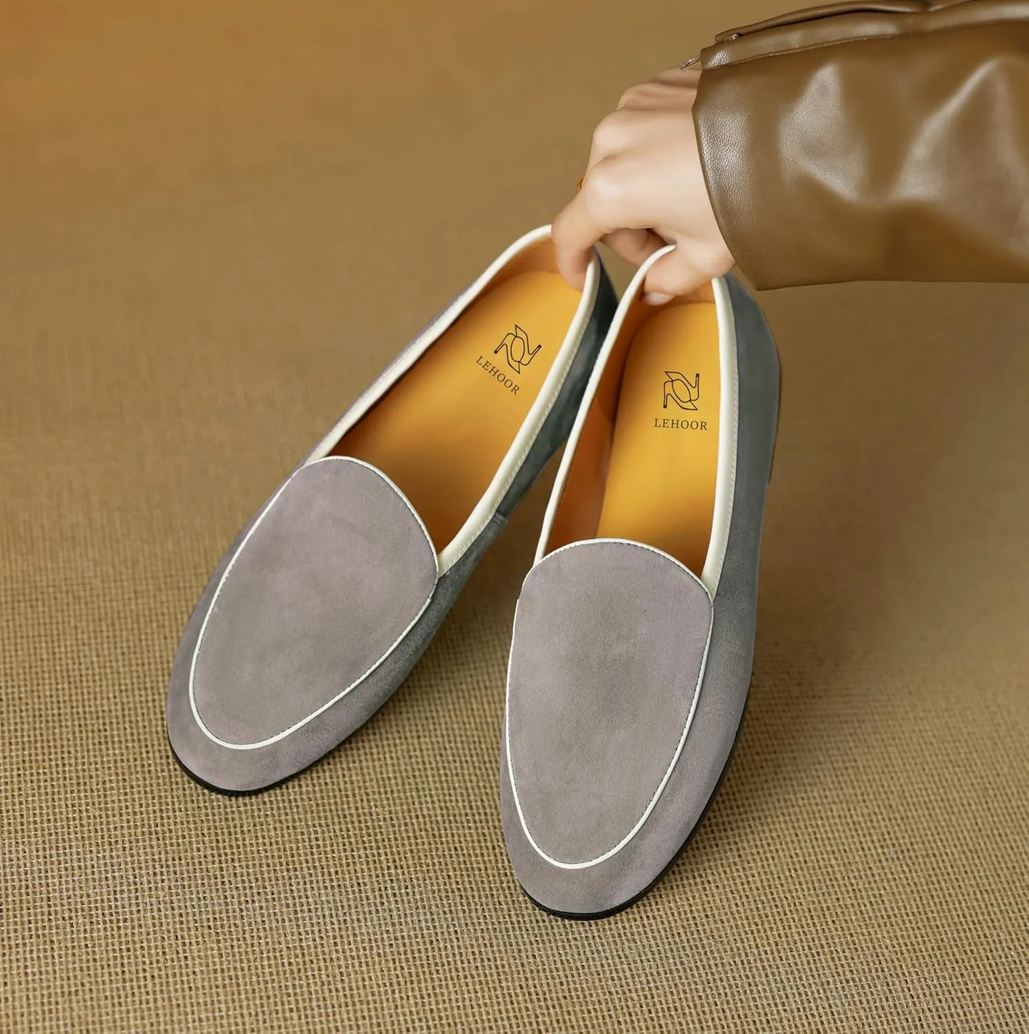 LEHOOR Women Comfy Flat Suede Loafers Round Closed Toe Slip On Penny Loafer Comfortable Ballet Flats Two-Toned Office Work Flat Shoes Ladies Ballerina Flats Classic Daily Driver Club Spring 4-11 M US