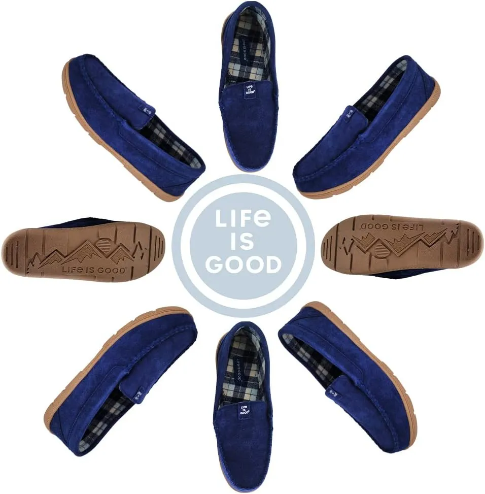 Life is Good Men's Plain Toe Moccasin House Shoes, 302792M - Suede Close Back Indoor/Outdoor Slip-Ons - Comfy & Durable Loafers with Cushioned Footbed & TPR Outsoles