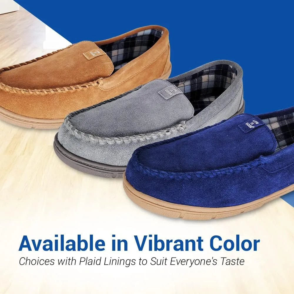 Life is Good Men's Plain Toe Moccasin House Shoes, 302792M - Suede Close Back Indoor/Outdoor Slip-Ons - Comfy & Durable Loafers with Cushioned Footbed & TPR Outsoles