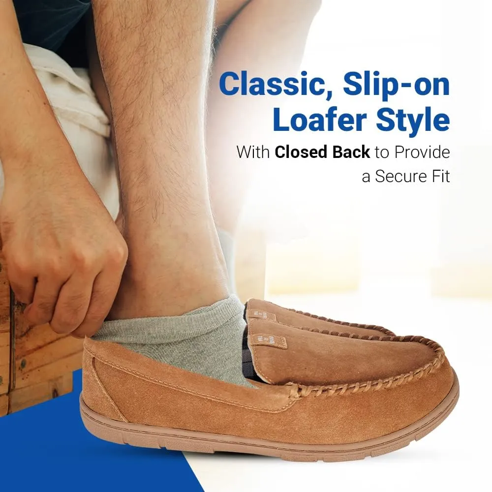 Life is Good Men's Plain Toe Moccasin House Shoes, 302792M - Suede Close Back Indoor/Outdoor Slip-Ons - Comfy & Durable Loafers with Cushioned Footbed & TPR Outsoles