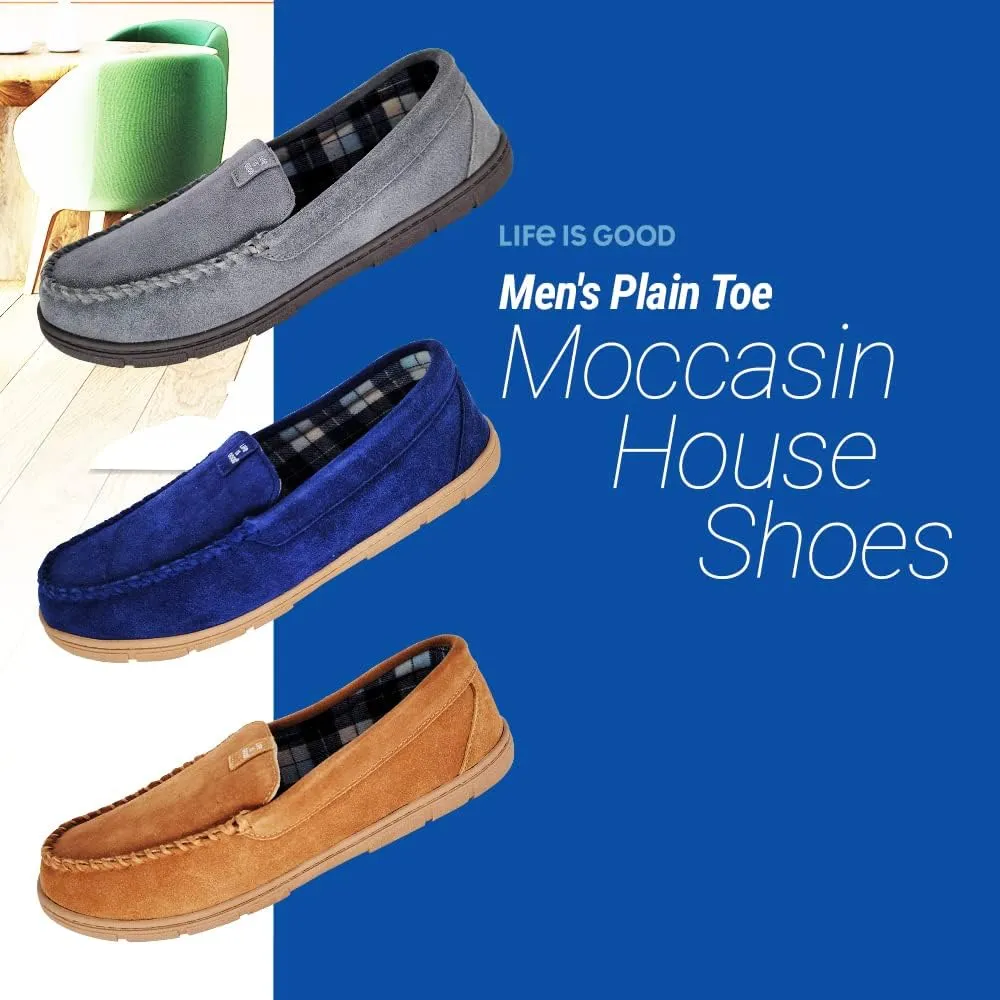 Life is Good Men's Plain Toe Moccasin House Shoes, 302792M - Suede Close Back Indoor/Outdoor Slip-Ons - Comfy & Durable Loafers with Cushioned Footbed & TPR Outsoles