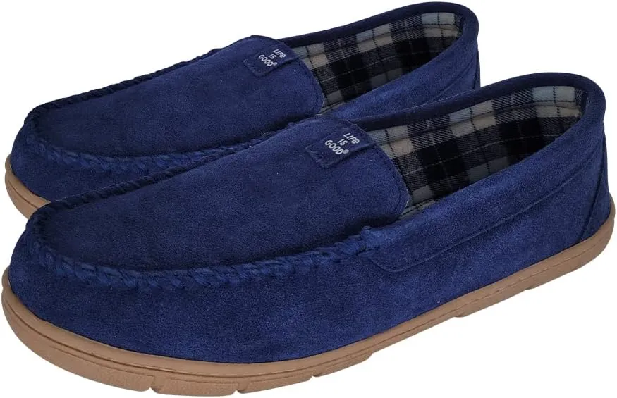Life is Good Men's Plain Toe Moccasin House Shoes, 302792M - Suede Close Back Indoor/Outdoor Slip-Ons - Comfy & Durable Loafers with Cushioned Footbed & TPR Outsoles