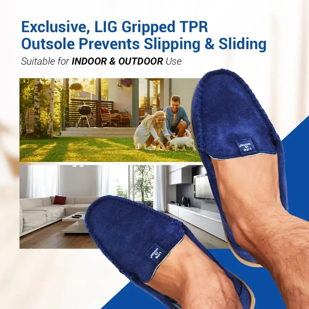 Life is Good Men's Plain Toe Moccasin House Shoes, 302792M - Suede Close Back Indoor/Outdoor Slip-Ons - Comfy & Durable Loafers with Cushioned Footbed & TPR Outsoles
