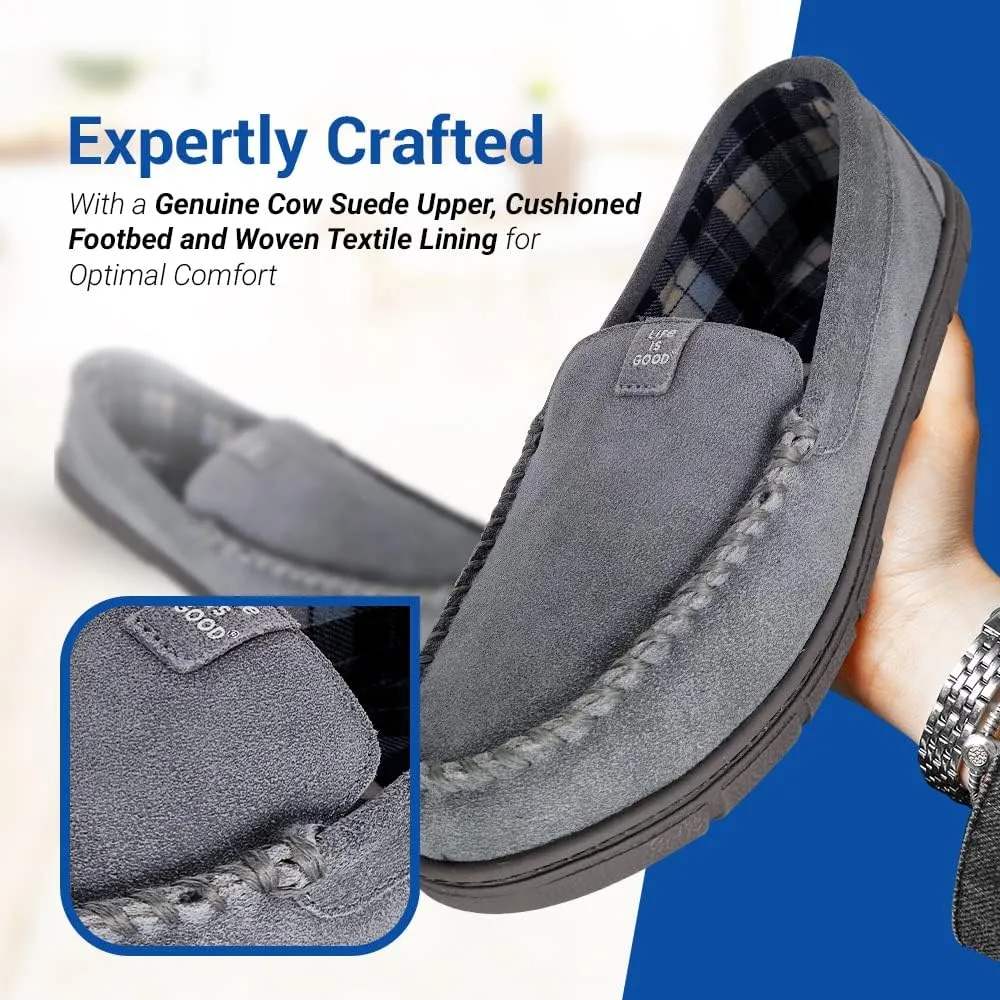 Life is Good Men's Plain Toe Moccasin House Shoes, 302792M - Suede Close Back Indoor/Outdoor Slip-Ons - Comfy & Durable Loafers with Cushioned Footbed & TPR Outsoles