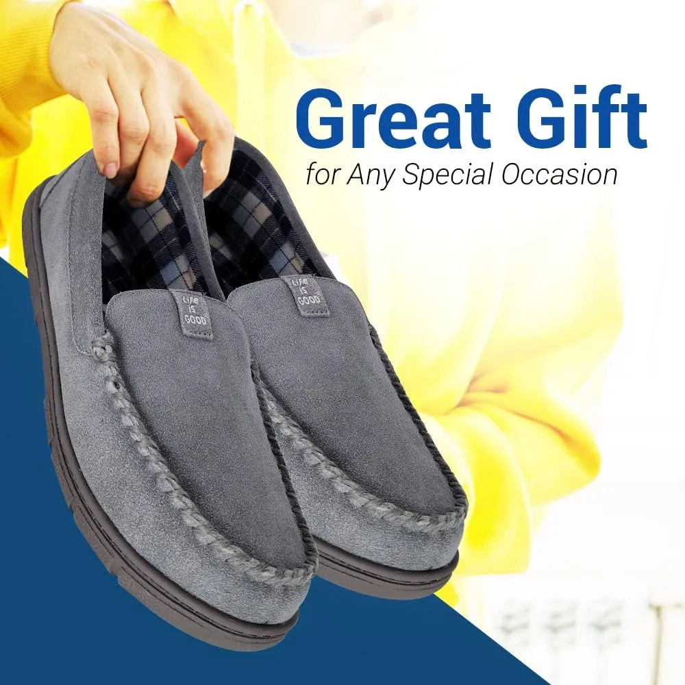 Life is Good Men's Plain Toe Moccasin House Shoes, 302792M - Suede Close Back Indoor/Outdoor Slip-Ons - Comfy & Durable Loafers with Cushioned Footbed & TPR Outsoles