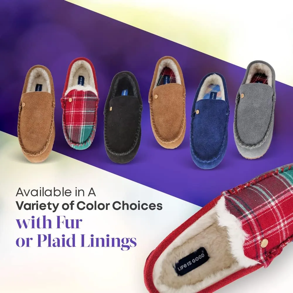 Life is Good Women's Slippers, 302795W - Suede Close Back Indoor/Outdoor Venetian Moccasin Slip-Ons Slipper with Faux Fur or Plaid Lining Cushioned Footbed & EVA Outsoles