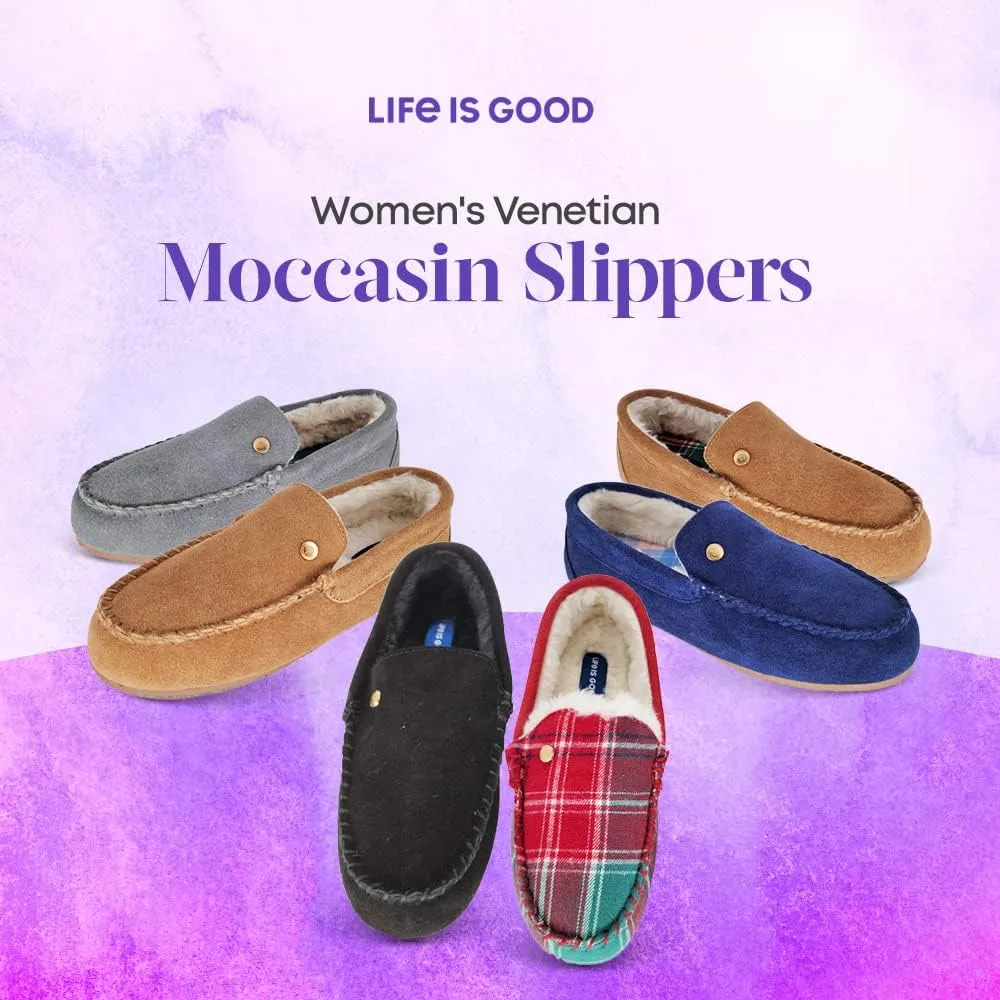 Life is Good Women's Slippers, 302795W - Suede Close Back Indoor/Outdoor Venetian Moccasin Slip-Ons Slipper with Faux Fur or Plaid Lining Cushioned Footbed & EVA Outsoles
