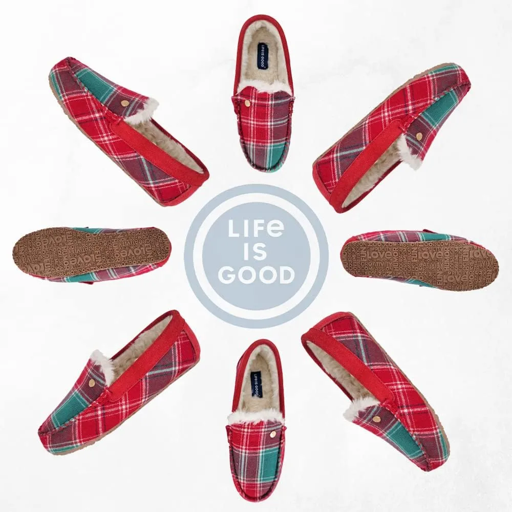 Life is Good Women's Slippers, 302795W - Suede Close Back Indoor/Outdoor Venetian Moccasin Slip-Ons Slipper with Faux Fur or Plaid Lining Cushioned Footbed & EVA Outsoles