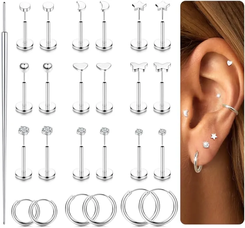 LOYALLOOK Threadless Flat Back Earrings 316L Surgical Steel Gold Cartilage Earrings for Women Men Hypoallergenic Small Hoop CZ Push in Flatback Stud Earrings 20G 18G Flat Back Nose Stud Tragus Helix Conch Piercing Jewelry