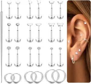 LOYALLOOK Threadless Flat Back Earrings 316L Surgical Steel Gold Cartilage Earrings for Women Men Hypoallergenic Small Hoop CZ Push in Flatback Stud Earrings 20G 18G Flat Back Nose Stud Tragus Helix Conch Piercing Jewelry