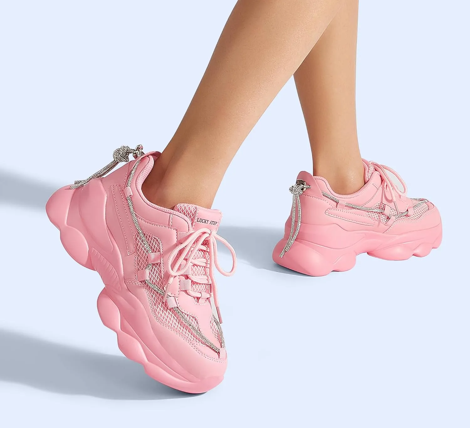 LUCKY STEP Women's 90s Chunky Sneakers Sparkly Bling Rhinestone Rope Platform Casual Thick Dad Rave Walking Shoes