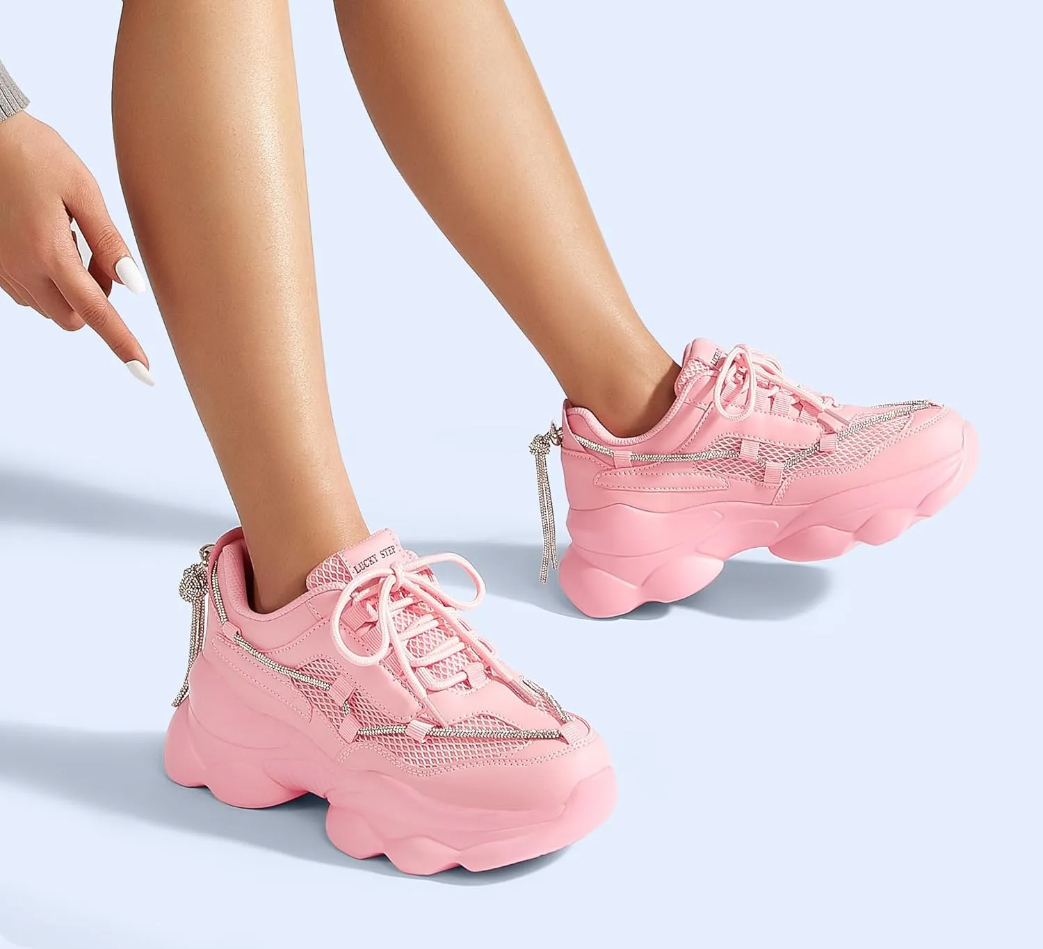 LUCKY STEP Women's 90s Chunky Sneakers Sparkly Bling Rhinestone Rope Platform Casual Thick Dad Rave Walking Shoes