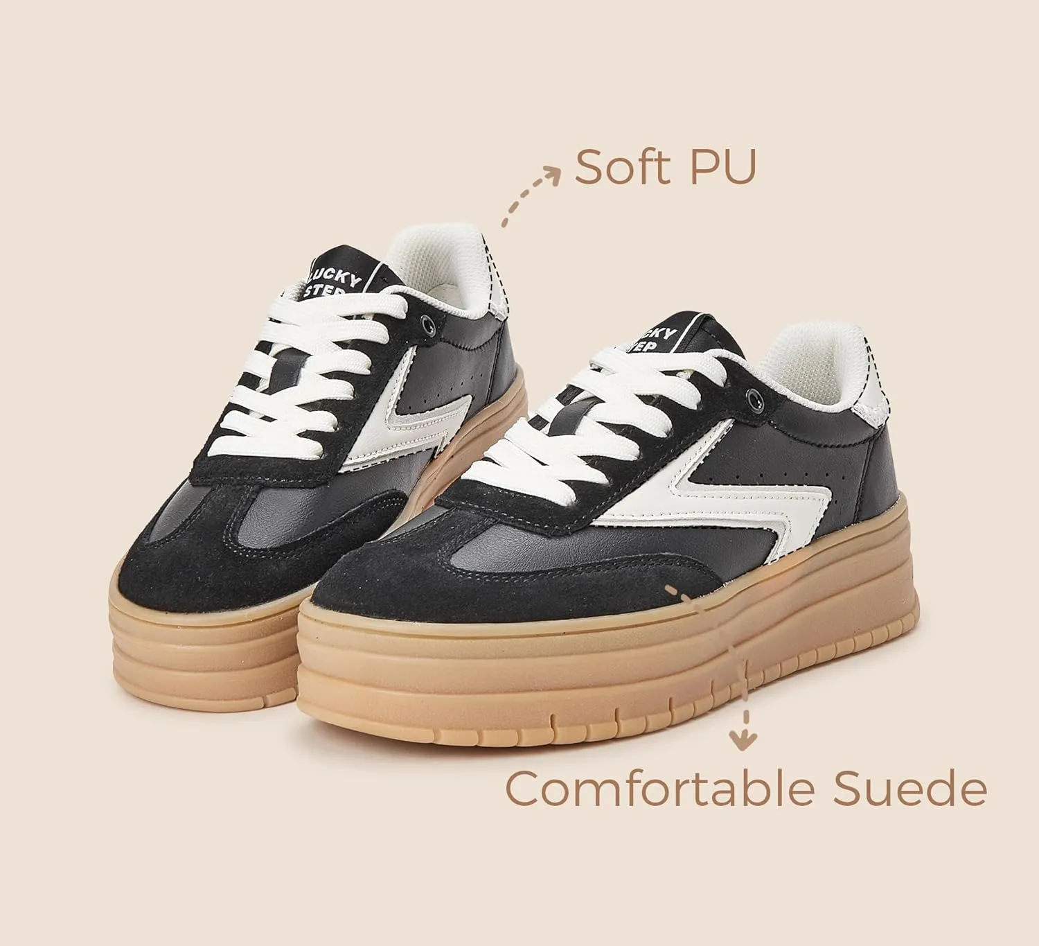 LUCKY STEP Women's Platform Sneakers Gum Sole Suede Casual Classic Retro Rubber Thick Sole Trendy Fashion Tennis Walking Shoes