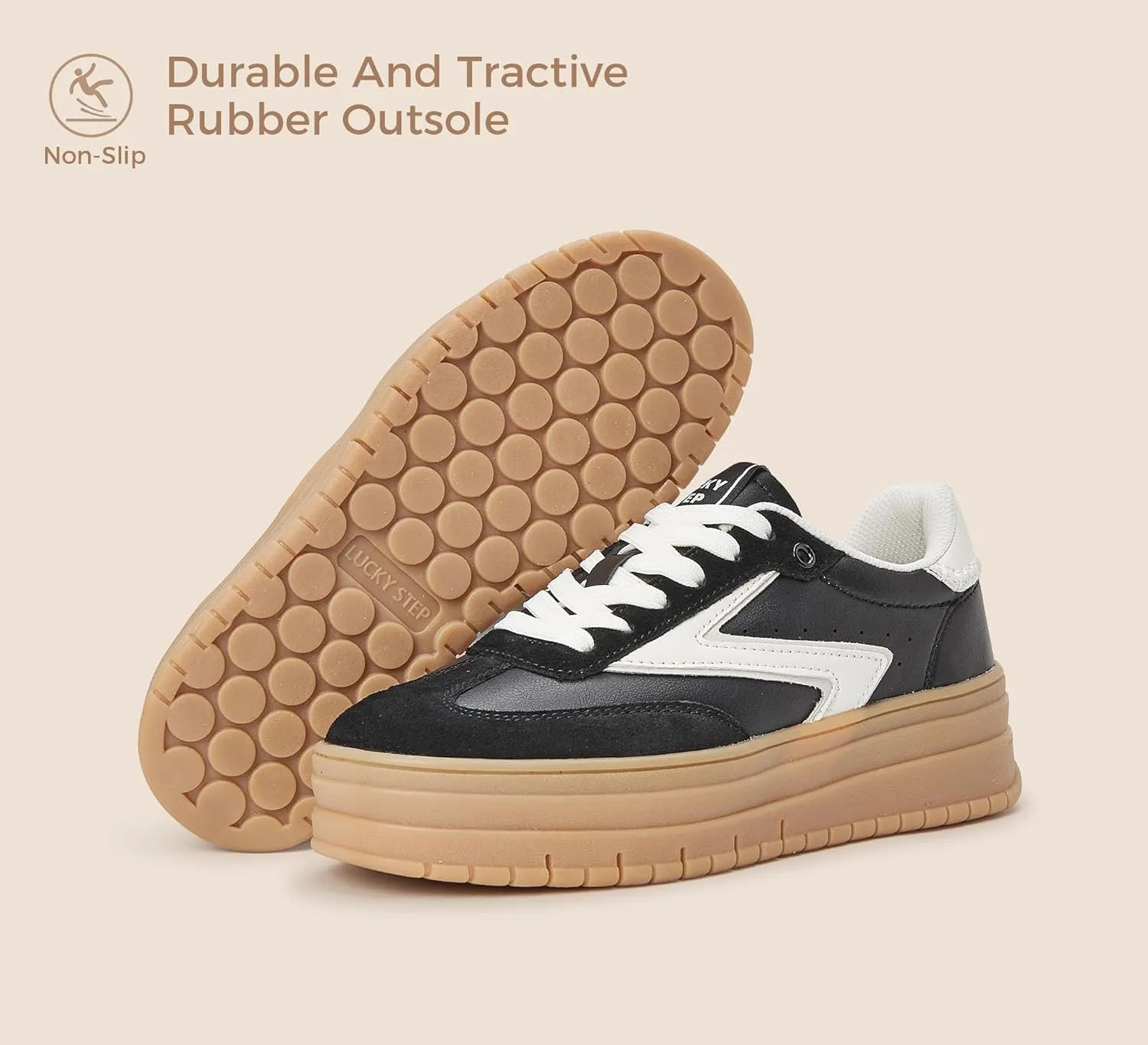 LUCKY STEP Women's Platform Sneakers Gum Sole Suede Casual Classic Retro Rubber Thick Sole Trendy Fashion Tennis Walking Shoes