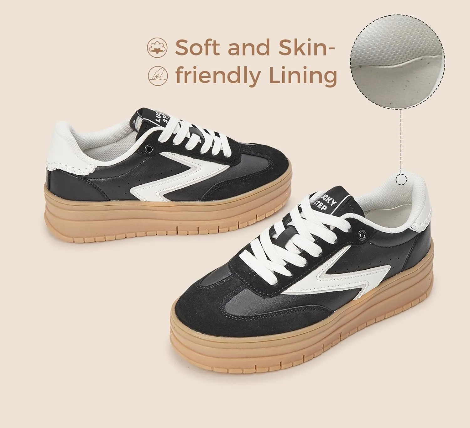 LUCKY STEP Women's Platform Sneakers Gum Sole Suede Casual Classic Retro Rubber Thick Sole Trendy Fashion Tennis Walking Shoes