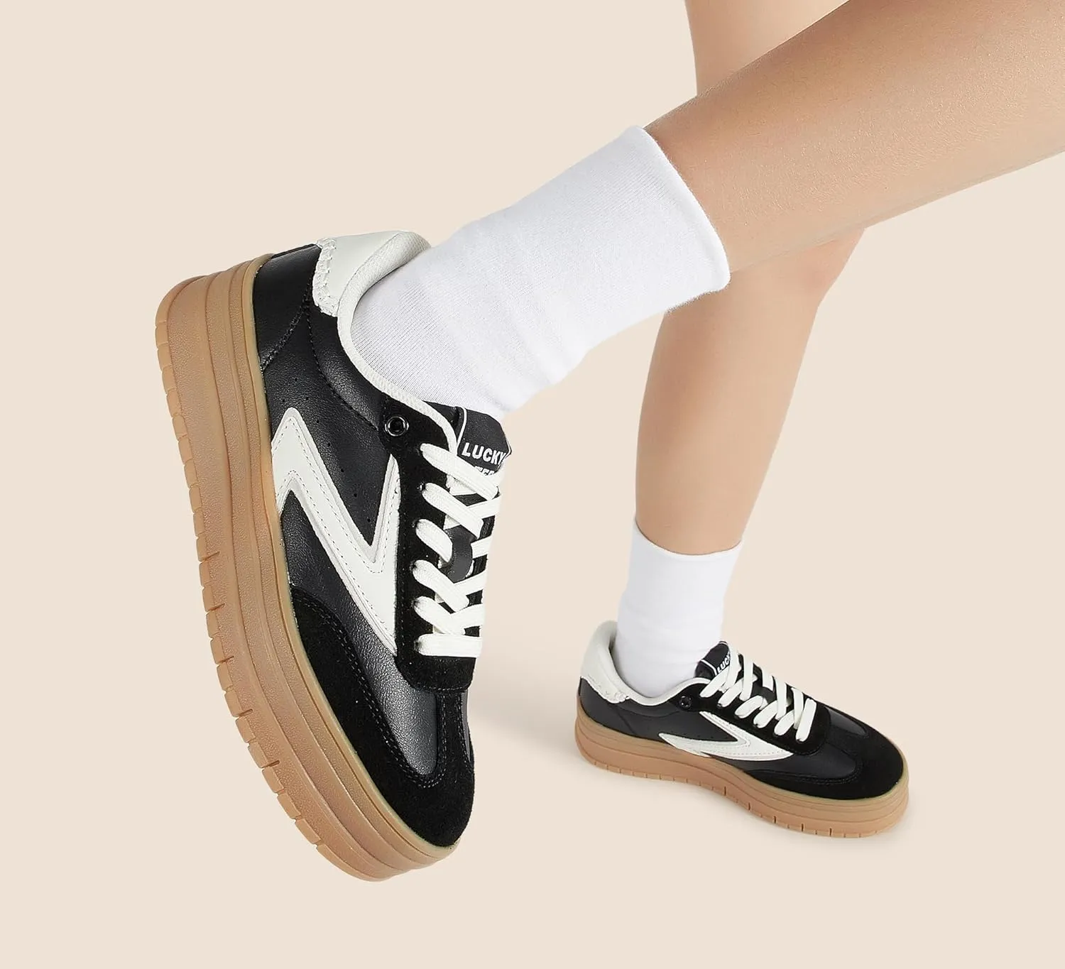 LUCKY STEP Women's Platform Sneakers Gum Sole Suede Casual Classic Retro Rubber Thick Sole Trendy Fashion Tennis Walking Shoes