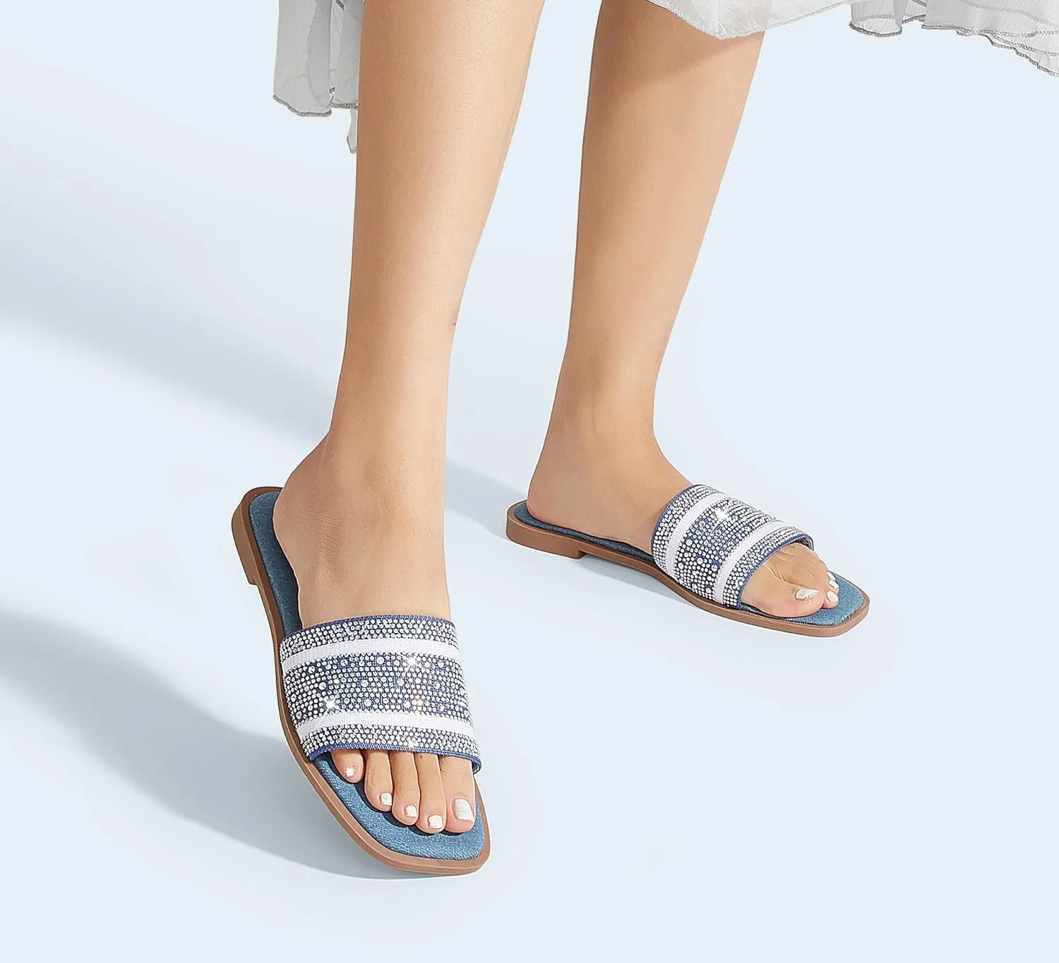 LUCKY STEP Women's Rhinestone Flat Sandals Square Open Toe Sparkly Glitter Fashion Braided Slide Sandals Summer