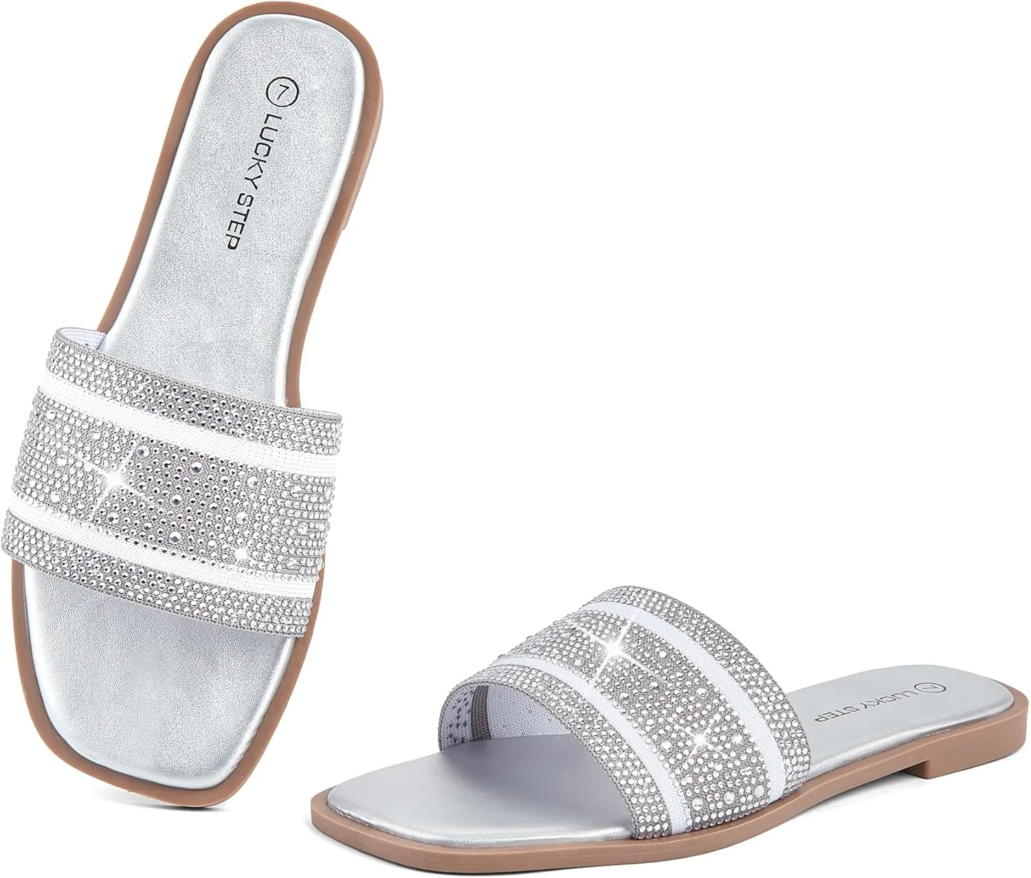 LUCKY STEP Women's Rhinestone Flat Sandals Square Open Toe Sparkly Glitter Fashion Braided Slide Sandals Summer