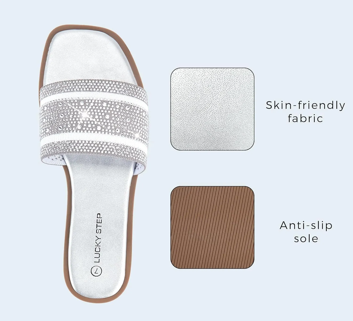 LUCKY STEP Women's Rhinestone Flat Sandals Square Open Toe Sparkly Glitter Fashion Braided Slide Sandals Summer