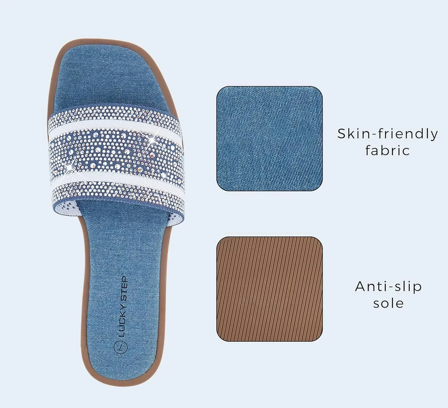LUCKY STEP Women's Rhinestone Flat Sandals Square Open Toe Sparkly Glitter Fashion Braided Slide Sandals Summer