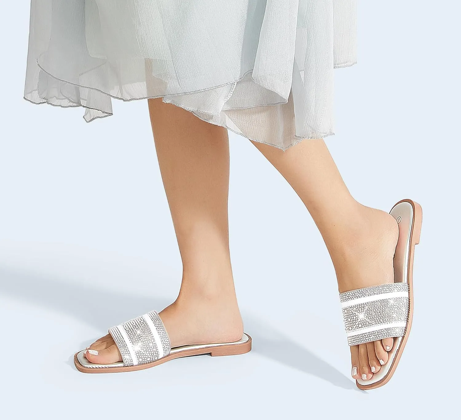 LUCKY STEP Women's Rhinestone Flat Sandals Square Open Toe Sparkly Glitter Fashion Braided Slide Sandals Summer