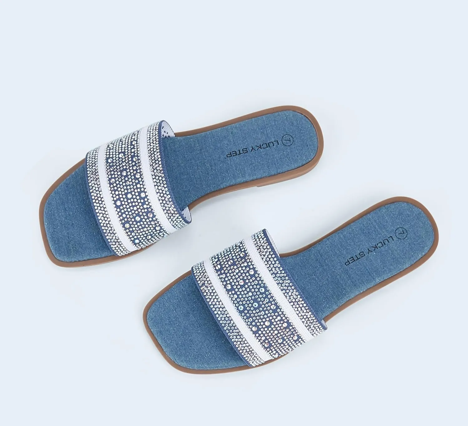 LUCKY STEP Women's Rhinestone Flat Sandals Square Open Toe Sparkly Glitter Fashion Braided Slide Sandals Summer