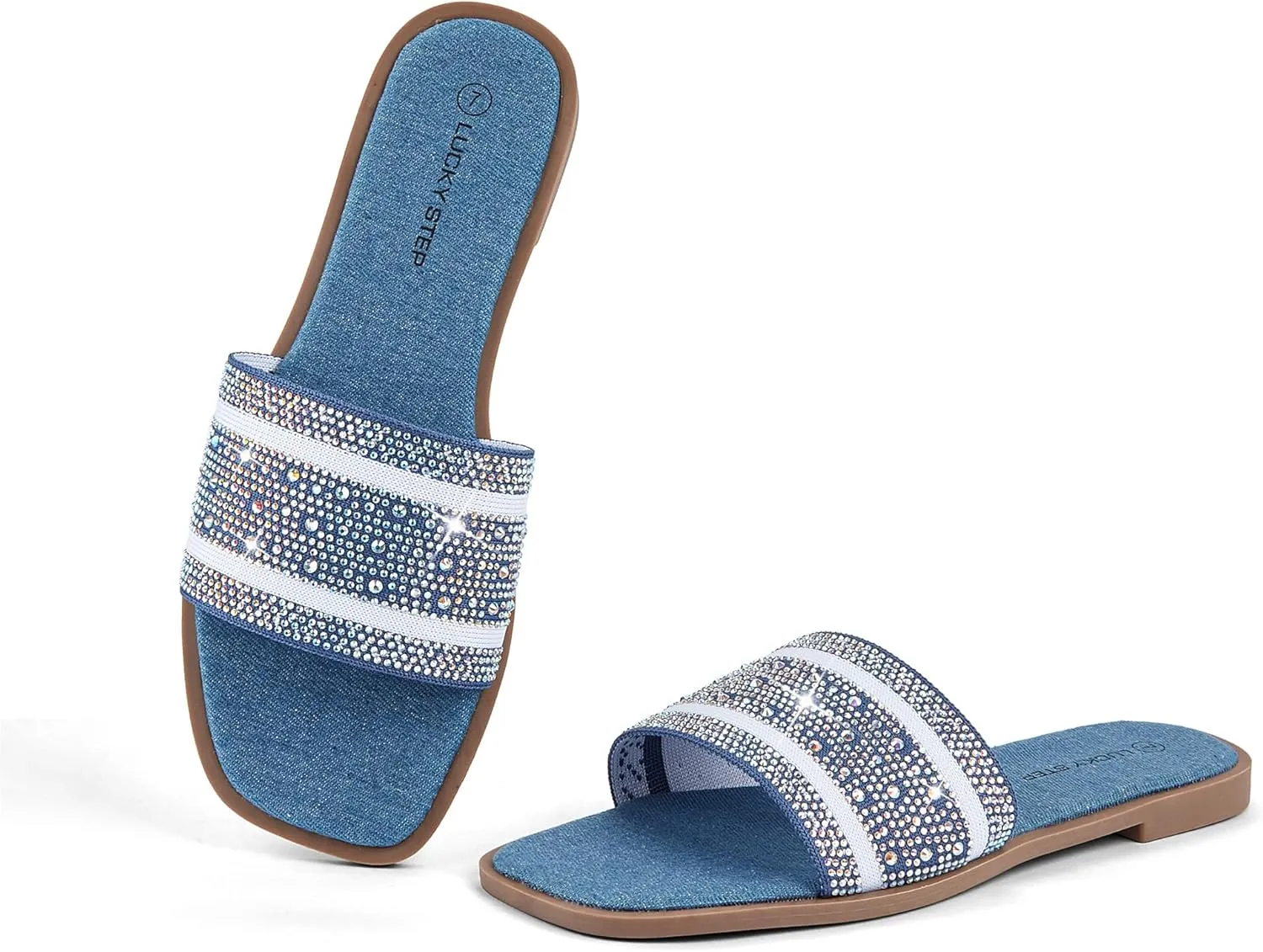 LUCKY STEP Women's Rhinestone Flat Sandals Square Open Toe Sparkly Glitter Fashion Braided Slide Sandals Summer