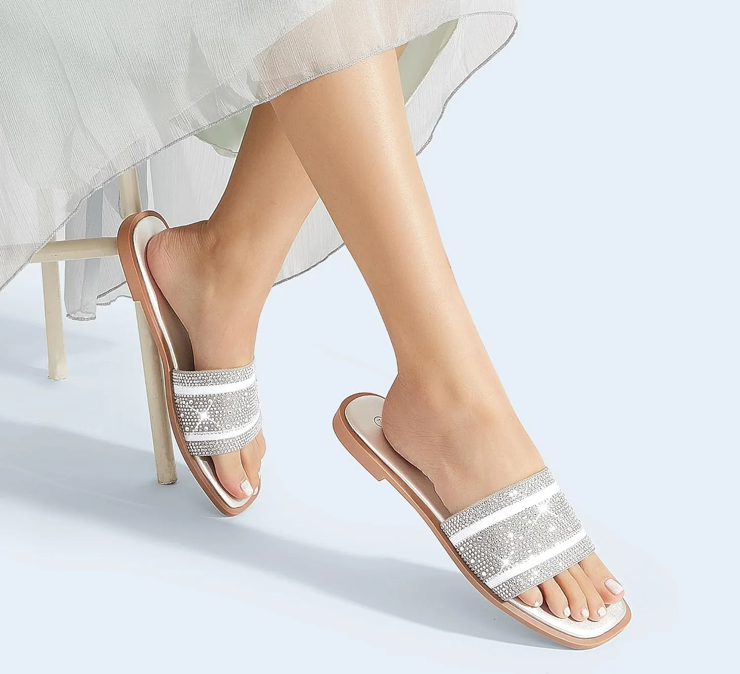 LUCKY STEP Women's Rhinestone Flat Sandals Square Open Toe Sparkly Glitter Fashion Braided Slide Sandals Summer