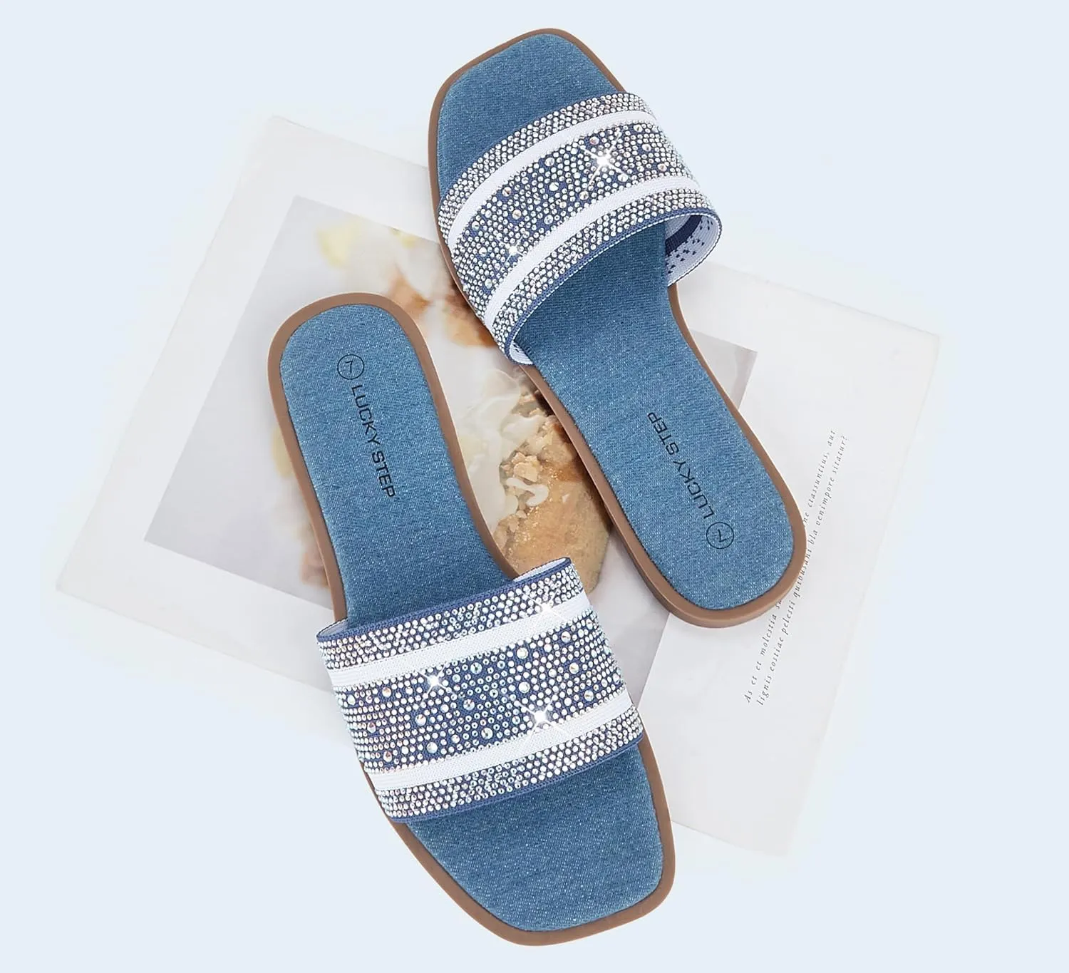 LUCKY STEP Women's Rhinestone Flat Sandals Square Open Toe Sparkly Glitter Fashion Braided Slide Sandals Summer
