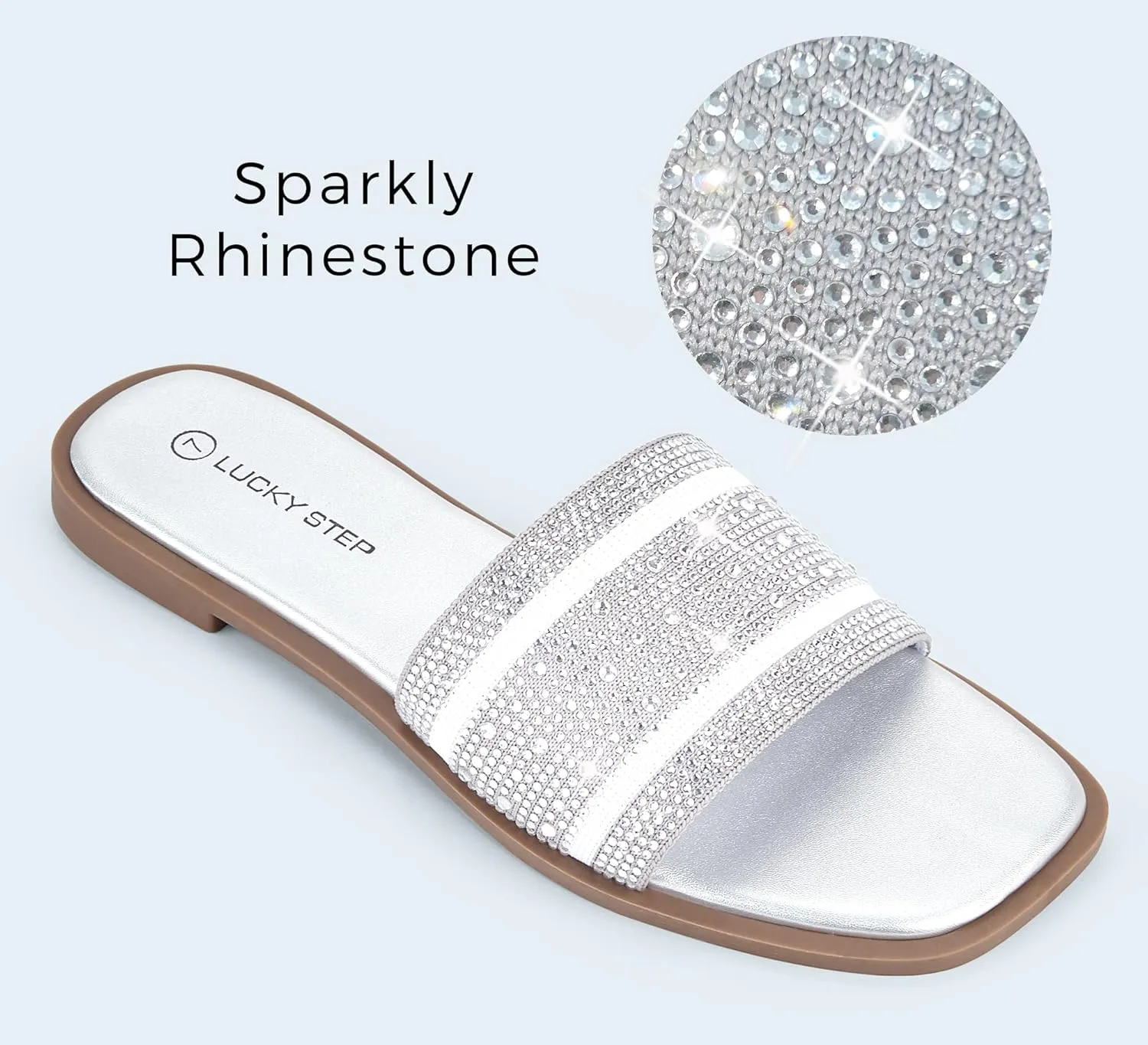 LUCKY STEP Women's Rhinestone Flat Sandals Square Open Toe Sparkly Glitter Fashion Braided Slide Sandals Summer