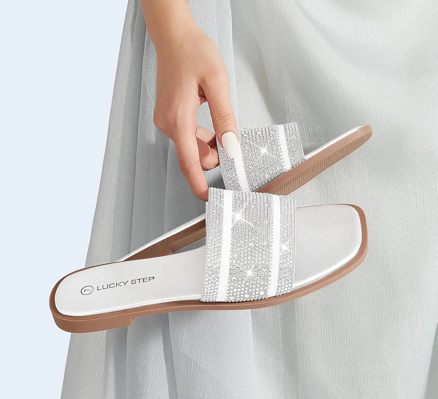 LUCKY STEP Women's Rhinestone Flat Sandals Square Open Toe Sparkly Glitter Fashion Braided Slide Sandals Summer