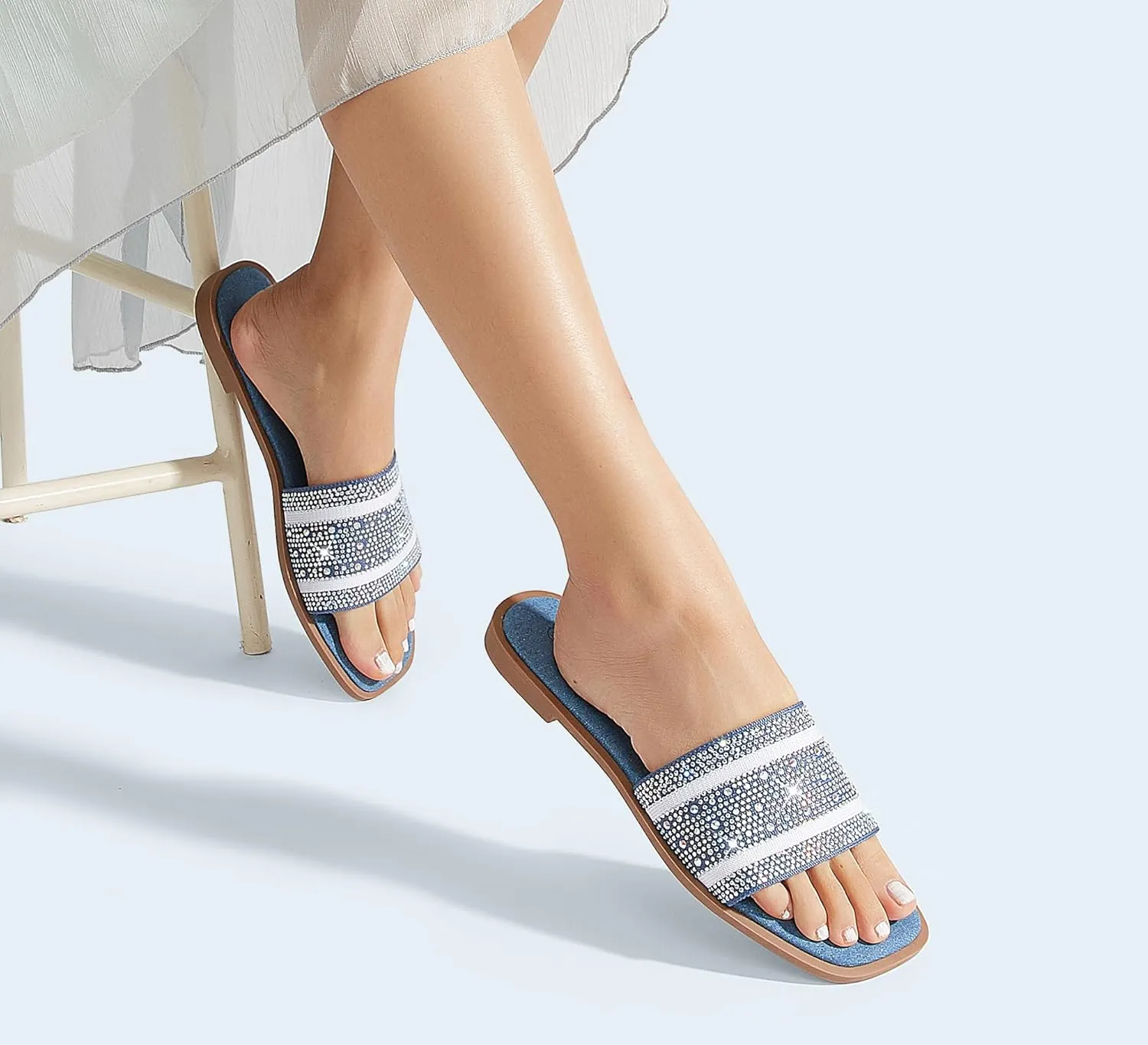 LUCKY STEP Women's Rhinestone Flat Sandals Square Open Toe Sparkly Glitter Fashion Braided Slide Sandals Summer