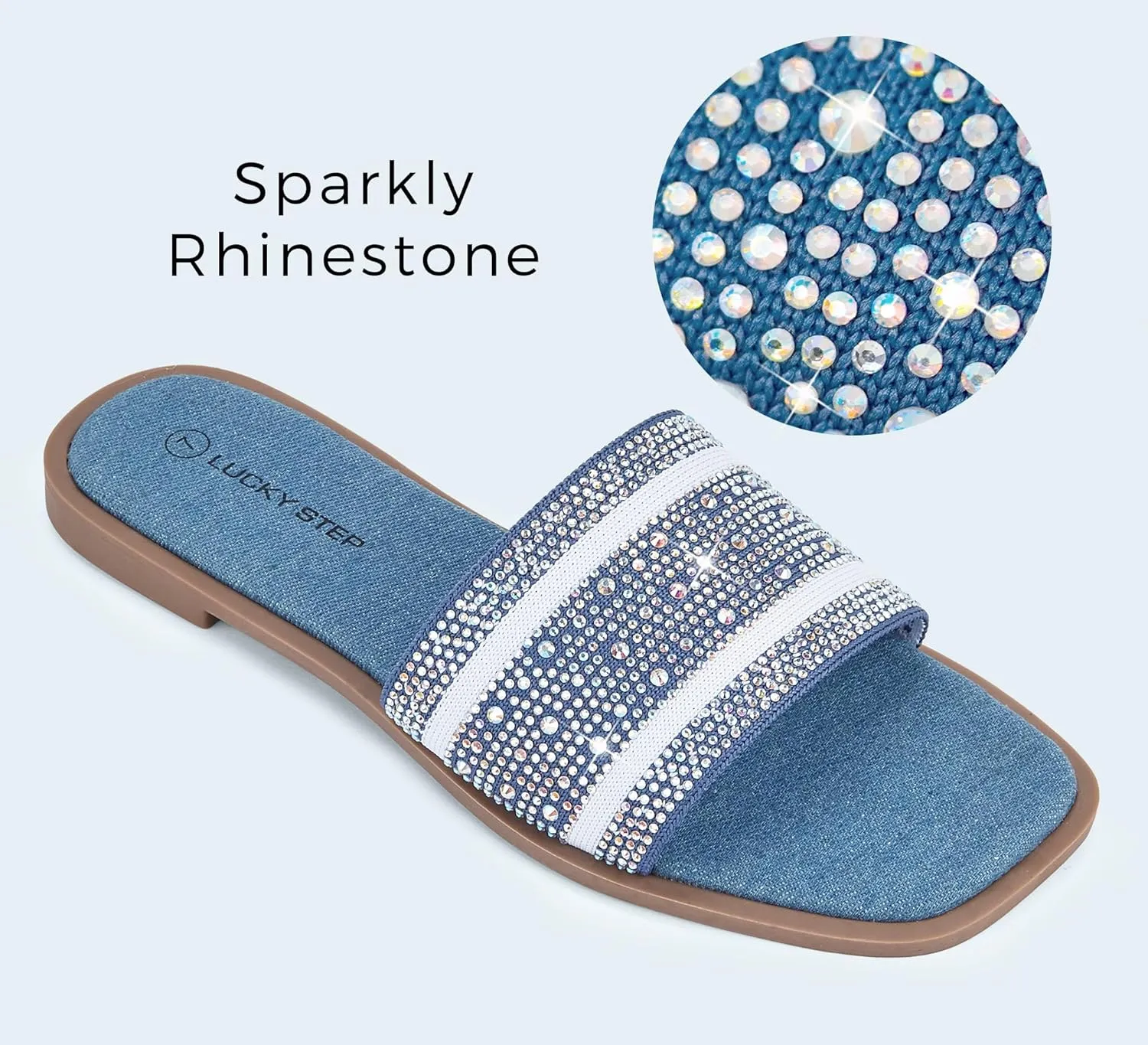 LUCKY STEP Women's Rhinestone Flat Sandals Square Open Toe Sparkly Glitter Fashion Braided Slide Sandals Summer