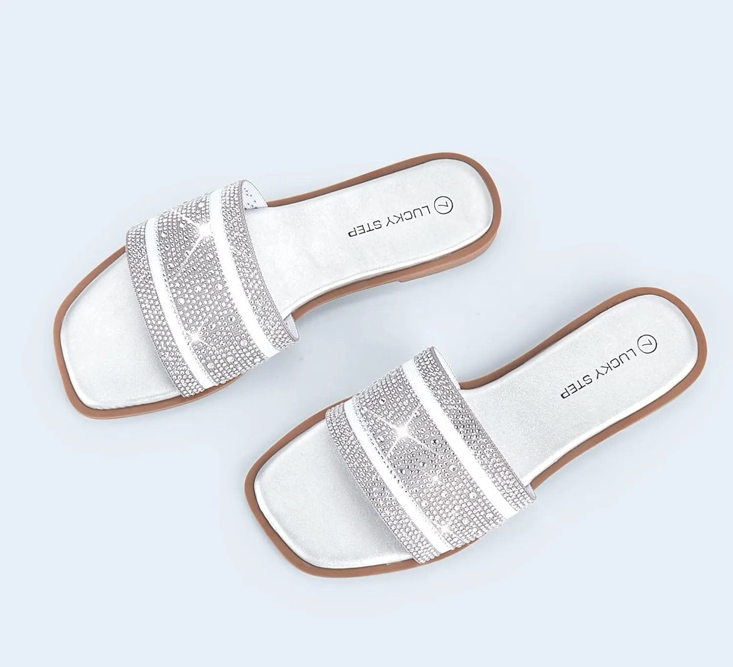 LUCKY STEP Women's Rhinestone Flat Sandals Square Open Toe Sparkly Glitter Fashion Braided Slide Sandals Summer