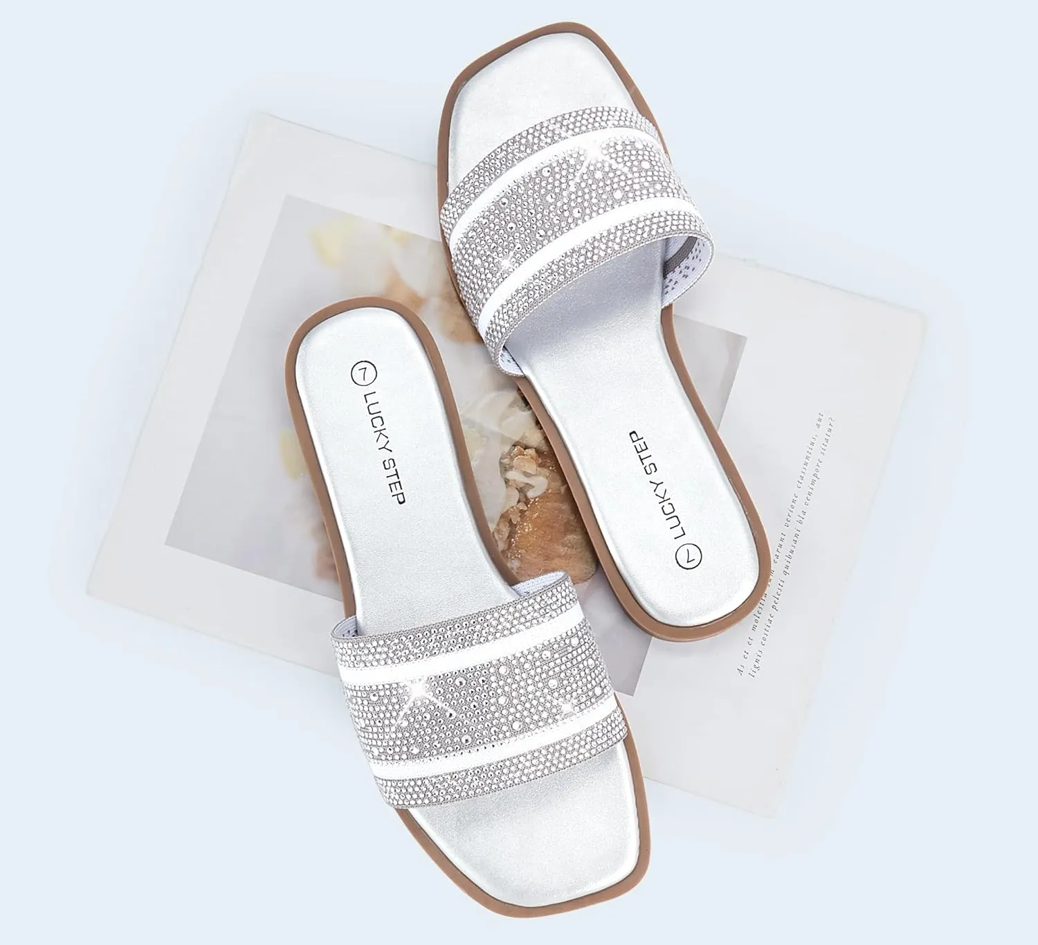 LUCKY STEP Women's Rhinestone Flat Sandals Square Open Toe Sparkly Glitter Fashion Braided Slide Sandals Summer