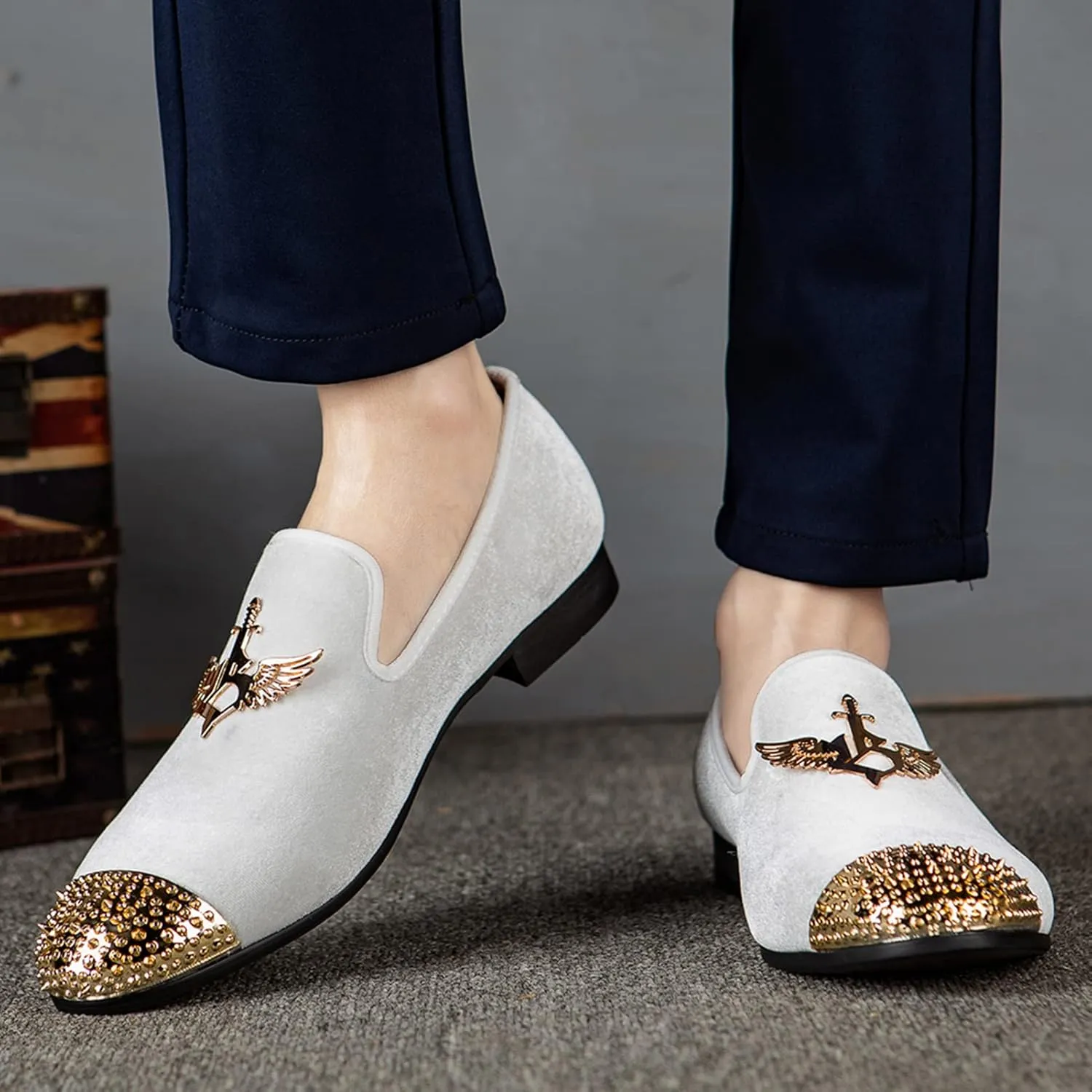 Meijiana Men's Loafers Velvet Shoes Metal Eagle Buckle Wedding Party Smoking Slipper Dress Loafers Shoes for Men