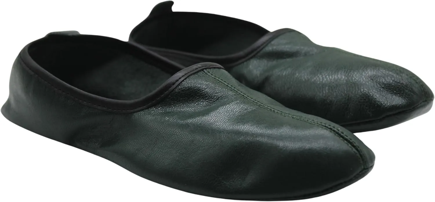 Mens Indoor Leather Slippers Dark Green Traditional Babouche House Shoes Barefoot Moccasin