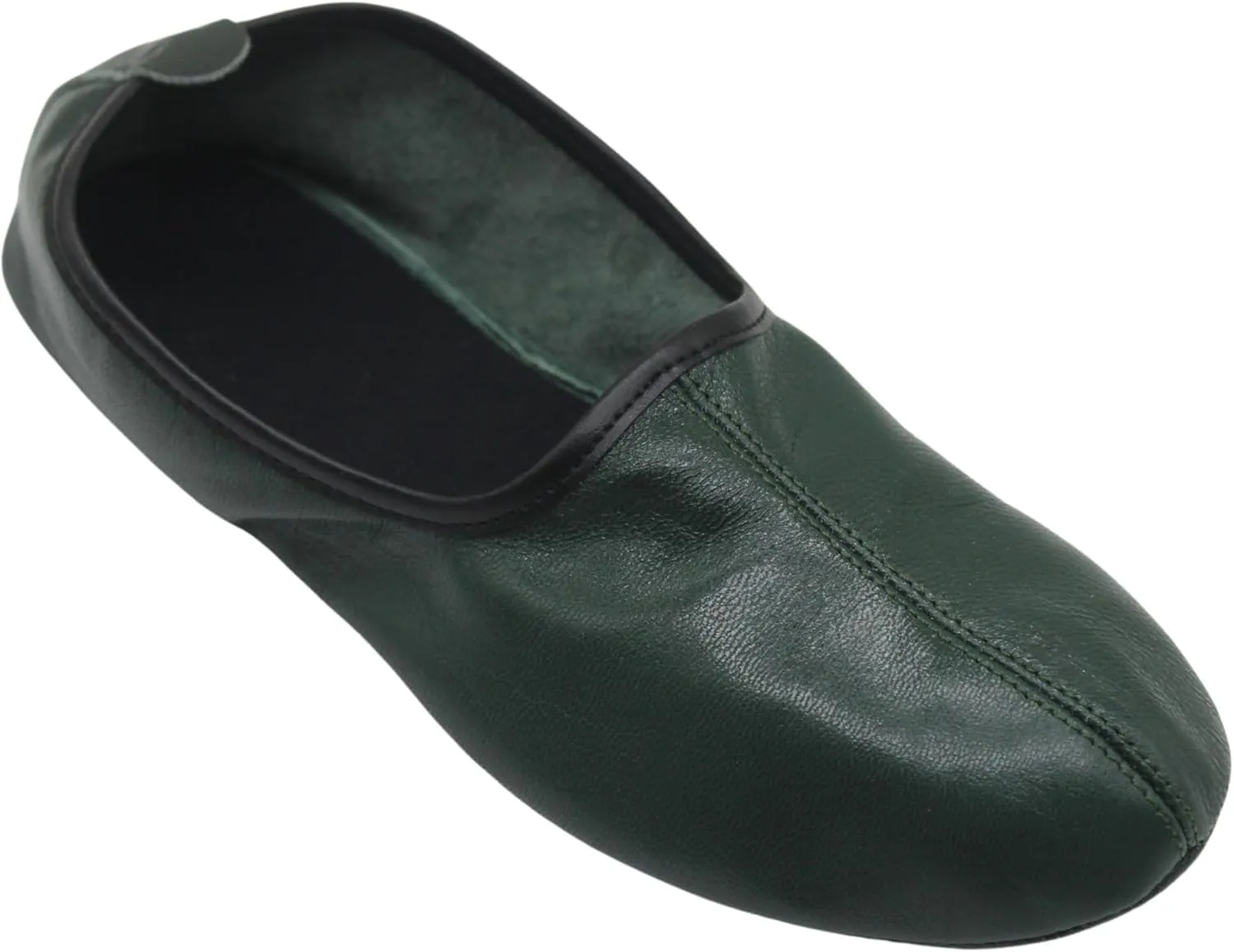 Mens Indoor Leather Slippers Dark Green Traditional Babouche House Shoes Barefoot Moccasin