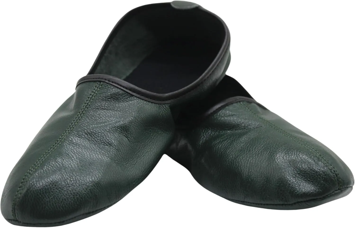 Mens Indoor Leather Slippers Dark Green Traditional Babouche House Shoes Barefoot Moccasin