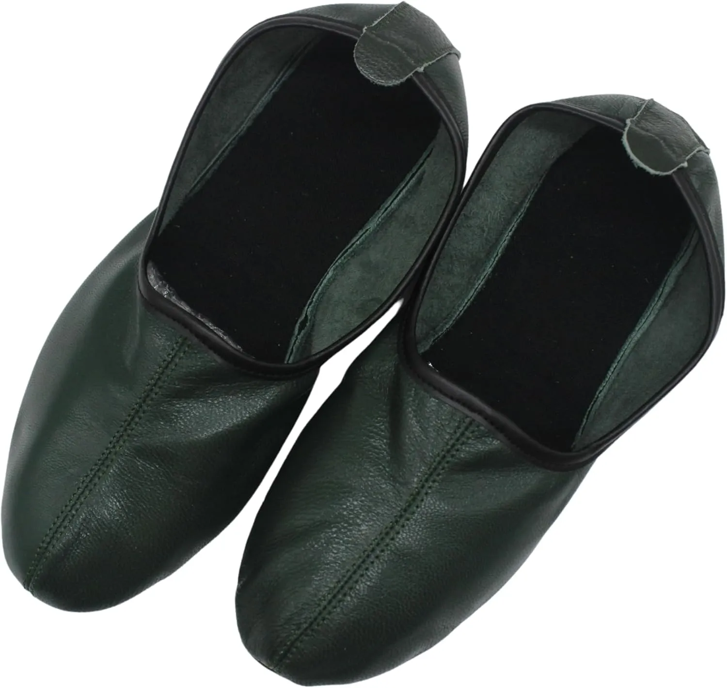 Mens Indoor Leather Slippers Dark Green Traditional Babouche House Shoes Barefoot Moccasin