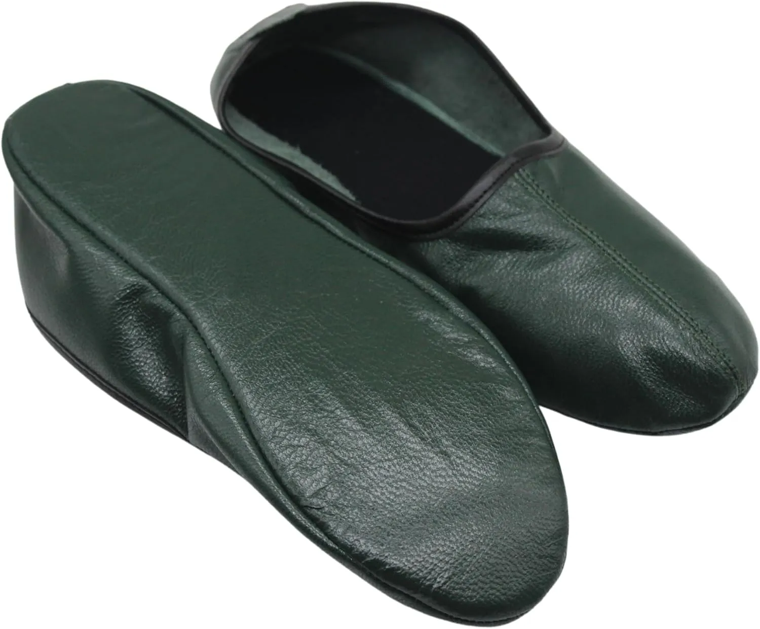 Mens Indoor Leather Slippers Dark Green Traditional Babouche House Shoes Barefoot Moccasin